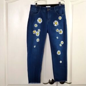 Dept 222 denim painted daisies raw hem elastic waist jeans size 8 mid rise